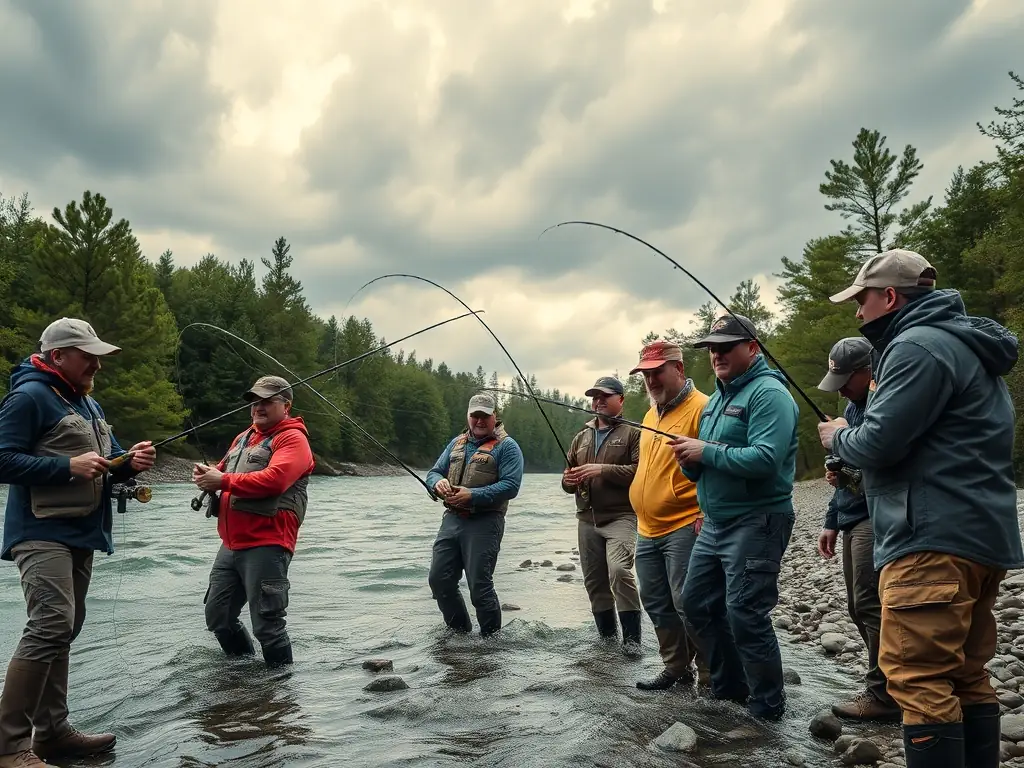 A vibrant image of club members participating in a guided fishing tour on the Bayel River, showcasing teamwork and the joy of angling.