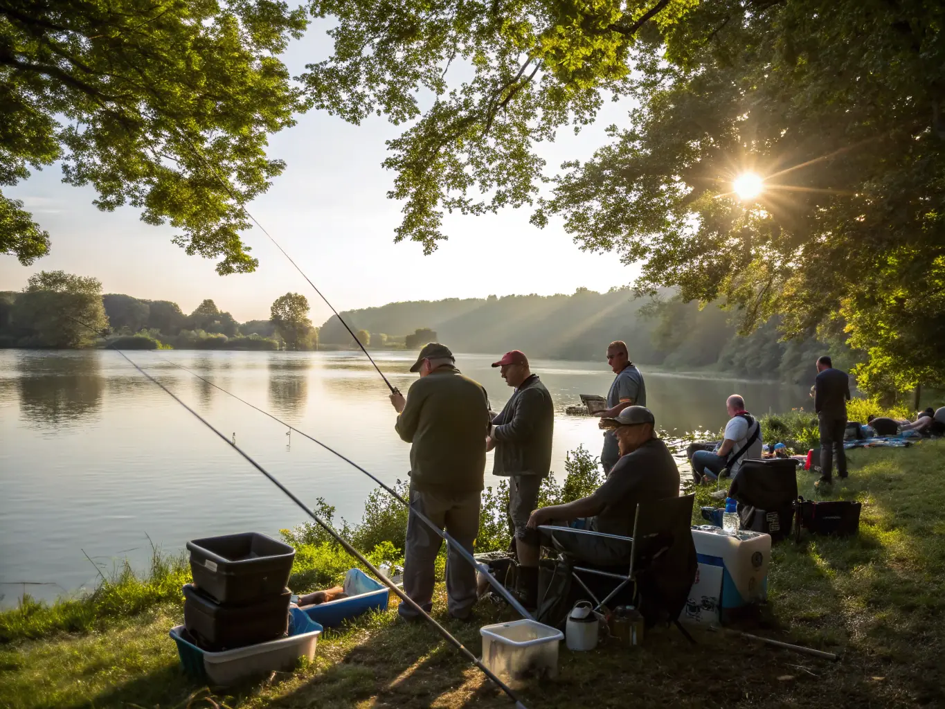 A photograph of a group of participants actively engaged in a fishing workshop, learning about sustainable fishing practices and techniques.