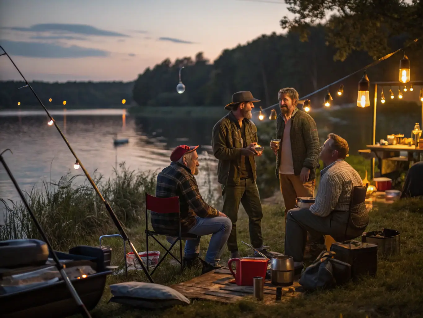 A group of anglers participating in a fishing tournament on a sunny day, showcasing the excitement and camaraderie of the event.