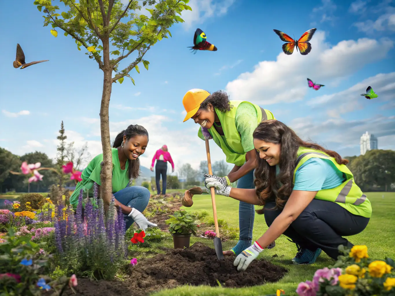 Volunteers planting trees along a riverbank, illustrating the importance of habitat restoration and environmental conservation.