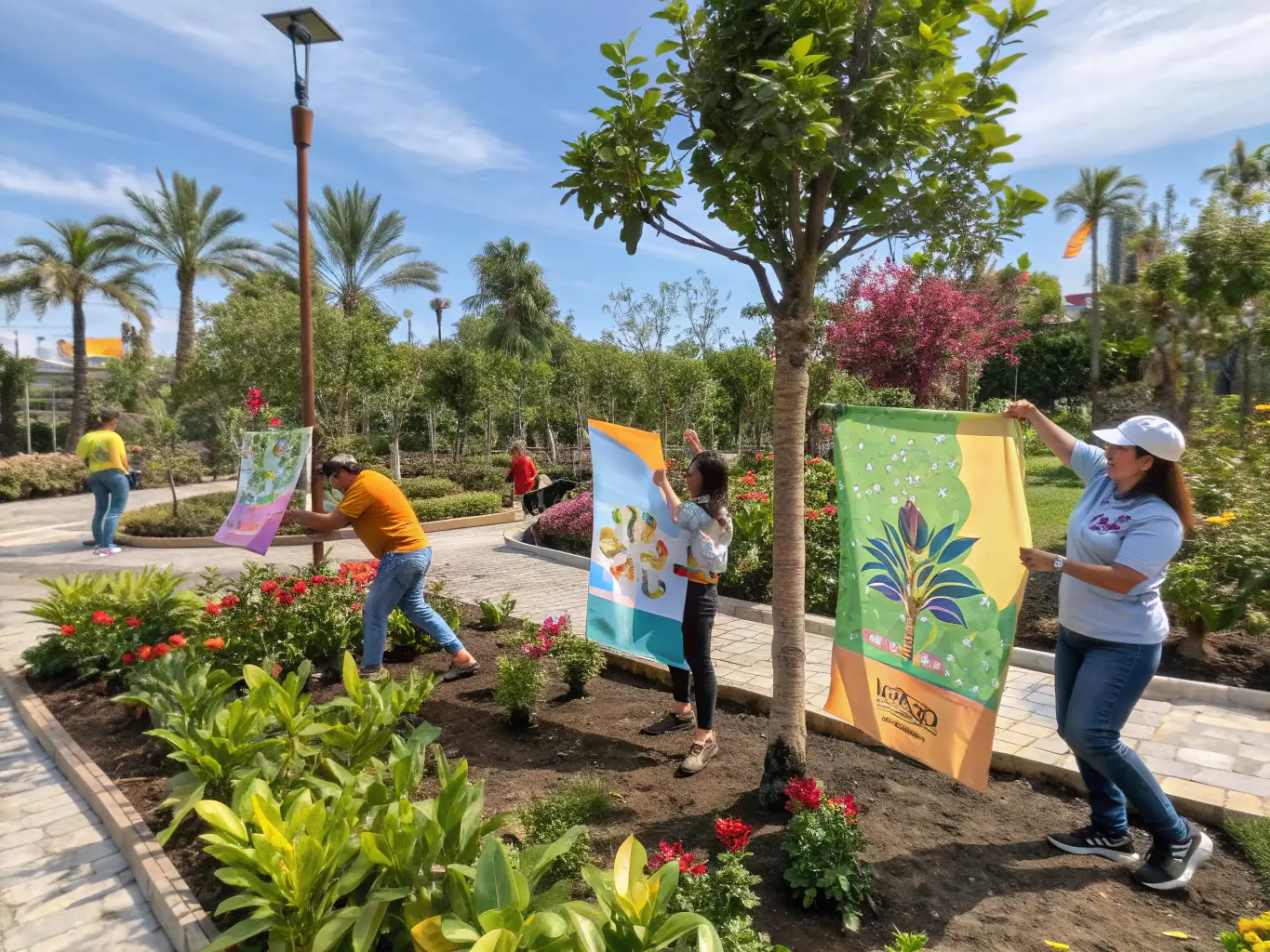 An inspiring image of volunteers working on a riverbank restoration project, planting native vegetation to improve fish habitat and water quality.